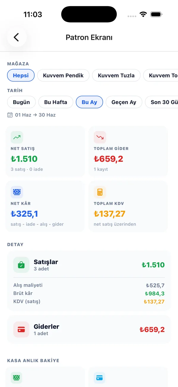 KuvvemERP mobil — Patron Ekranı