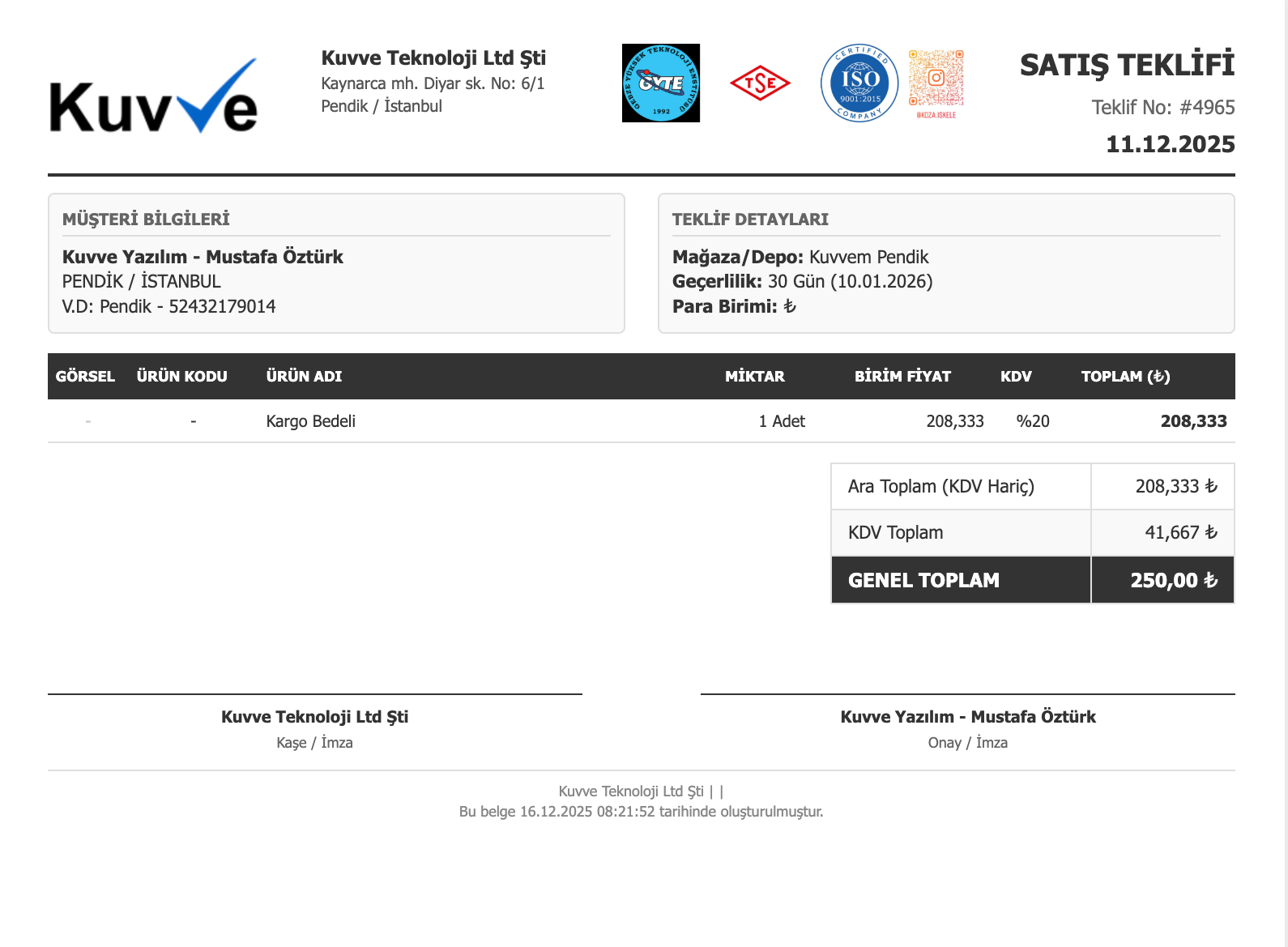 Teklif Modülü ekran goruntusu 2